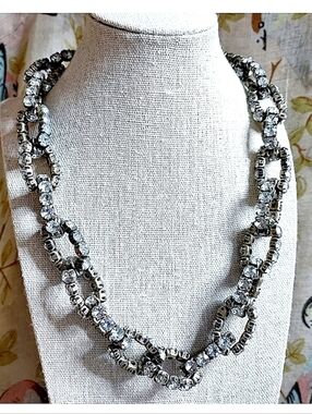 J. Crew Brushed Pewter Colored Prong Set Clear Rhinestone Link Chain Necklace